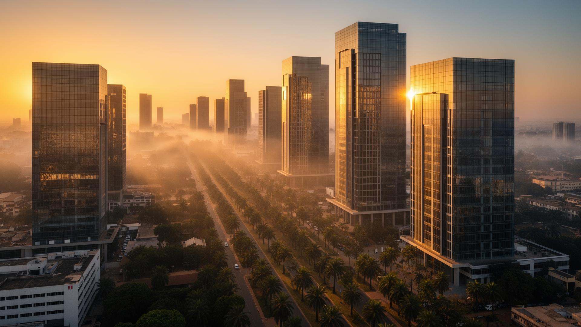 Skyline corporate d'Abidjan au coucher du soleil